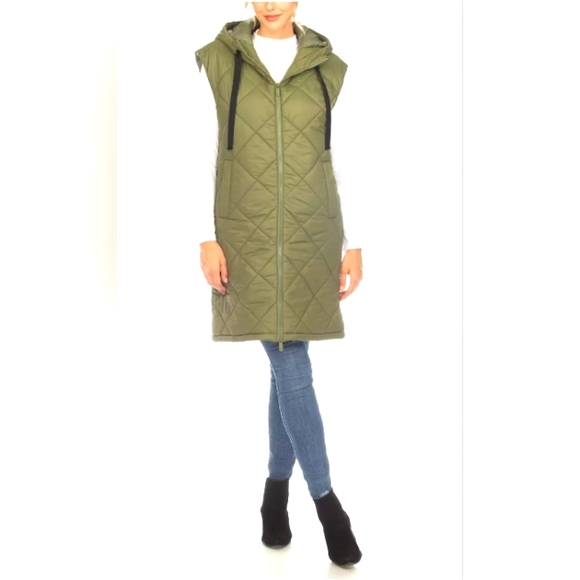Diamond Quilted Hooded Long Puffer Vest Jacket - Olive - Picture 2 of 7